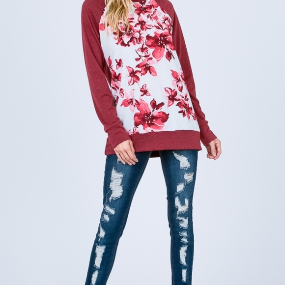 Burgundy raglan sleeve floral print pullover top - Picture 5 of 6